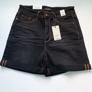 Judy Blue | Veronica High Rise High Waist‎ Mid Thigh Black Jean Shorts Sz L NWT